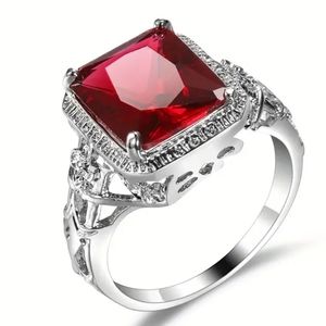 925 Sterling Silver Plated Retro Red Zircon Ring